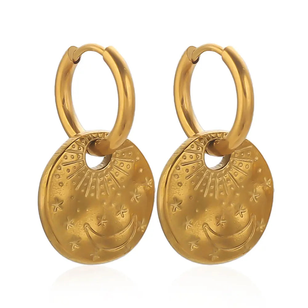 PVD Goldene Edelstahl-Creolen, Handwerkskunst, geheimnisvoller Schmuck, Accessoires, baumelnde Ohrringe für Frauen, Geschenk, täglich, Boho