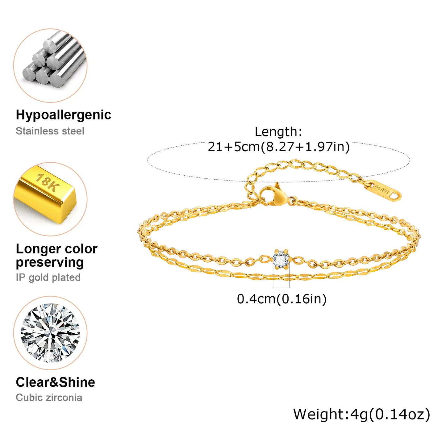 Wasserdichtes mehrlagiges Fußkettchen-Armband für Damen, verstellbar, vergoldet mit Zirkonia-Edelstahl-Gliederfußkette, Schmuck