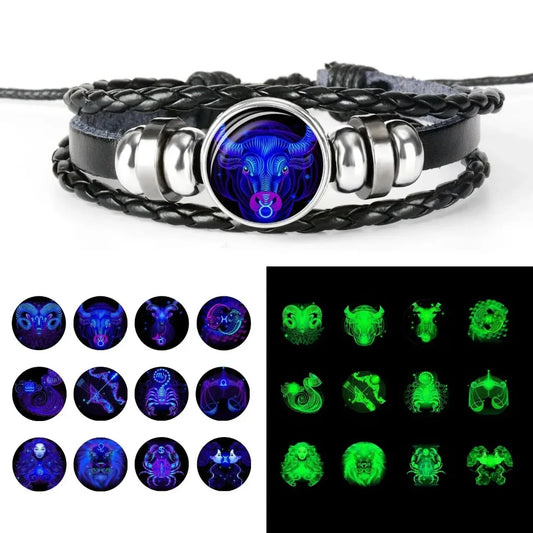 12-Sternbild-Sternzeichen, schwarzes geflochtenes Lederarmband, Krebs, Löwe, Jungfrau, Waage, gewebte Glaskuppel, Schmuck, Punk-Männerarmband