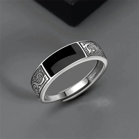 Trendiger Vintage-Ring aus 925er Silber für Herren, Schmuck, schwarzer rechteckiger Retro-Drachenmuster-Ring, männliche Ringe, verstellbar, Mohamed Nadal