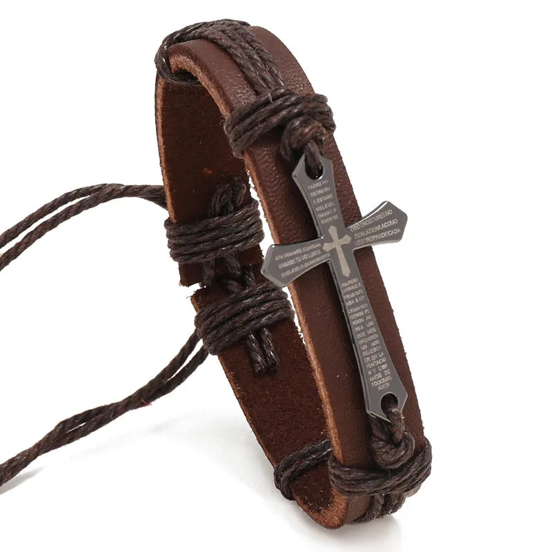 Retro Punk Metall Kreuz Bibel Armband Handgewebtes Rindsleder Verstellbares Armband Christliches Zubehör Unisex Schmuck Geschenk