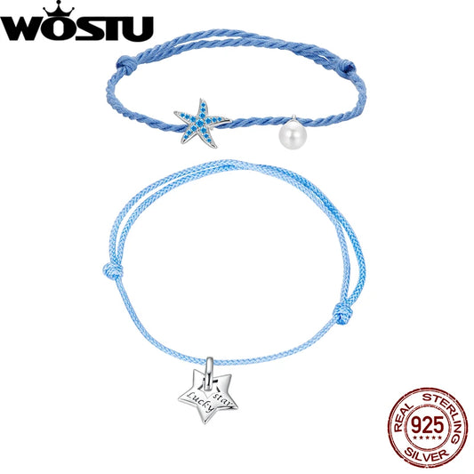 WOSTU Glücksstern-Armband aus 925er-Sterlingsilber, Seestern, Perle, Handseil, blau, Sommer, süß, für Frauen, verstellbar, Geschenk, edler Schmuck