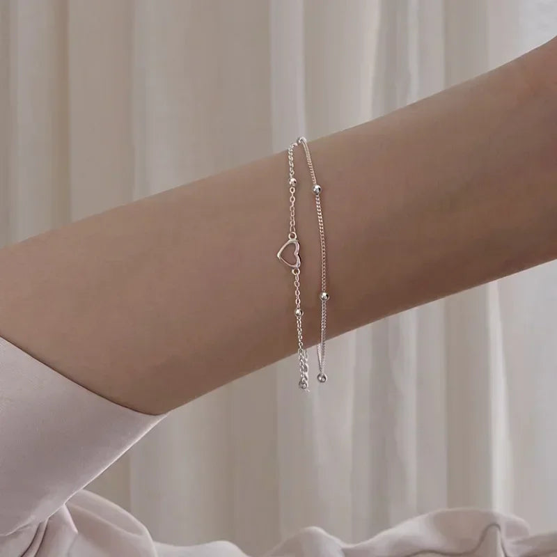 Armband aus 925er-Sterlingsilber, doppeltes Liebesherz, hohle runde Perlen, Damenmode, romantischer Schmuck, klassisch, verstellbar, Geschenke