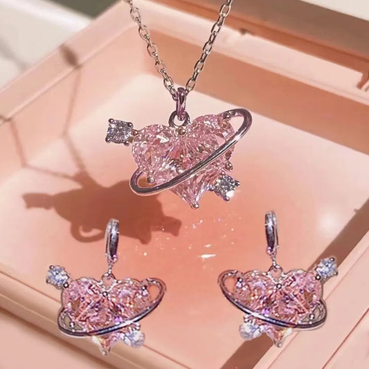 Y2k Kristall rosa Herz Halskette Ohrring Set Mode kpop glänzende Schlüsselbein kette für Frauen Mädchen neue Trend Party Geschenke Schmuck