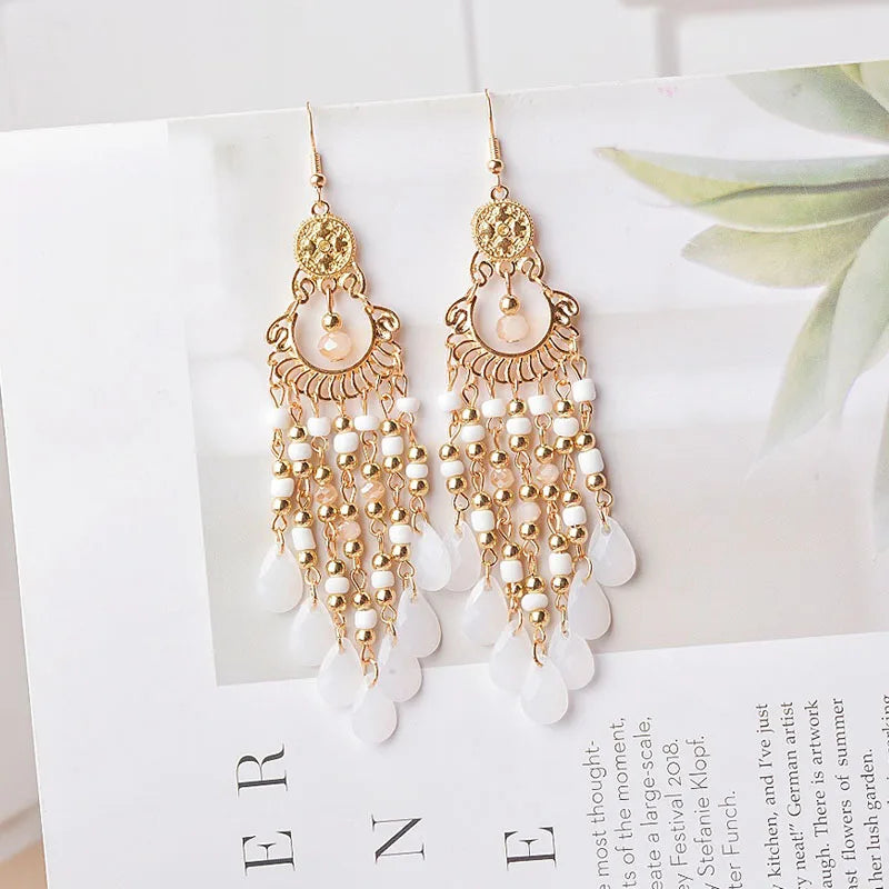 Böhmische lange Acryl-Wassertropfen-Quasten-Ohrringe für Frauen, ethnische mehrfarbige Perlen, Tropfenöl, handgefertigte baumelnde Ohrringe, Boho-Schmuck