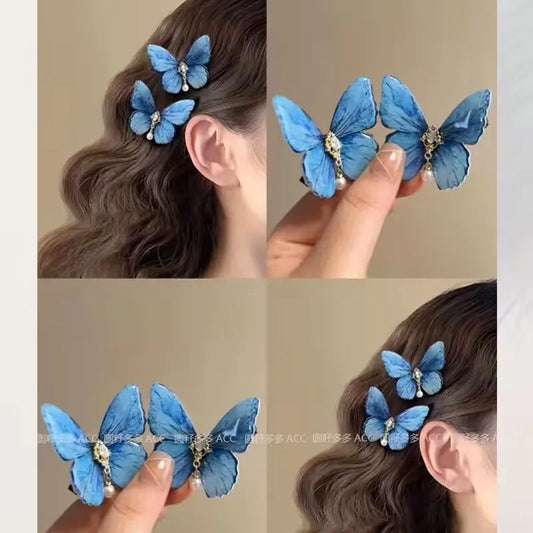2024 Retro-Schmetterlings-Haarspange für Frauen, niedliche blaue Schleife, Haarspange für Mädchen, Perlen-Haarspangen, rosa Haarnadel, Hanfu-Haar-Accessoire