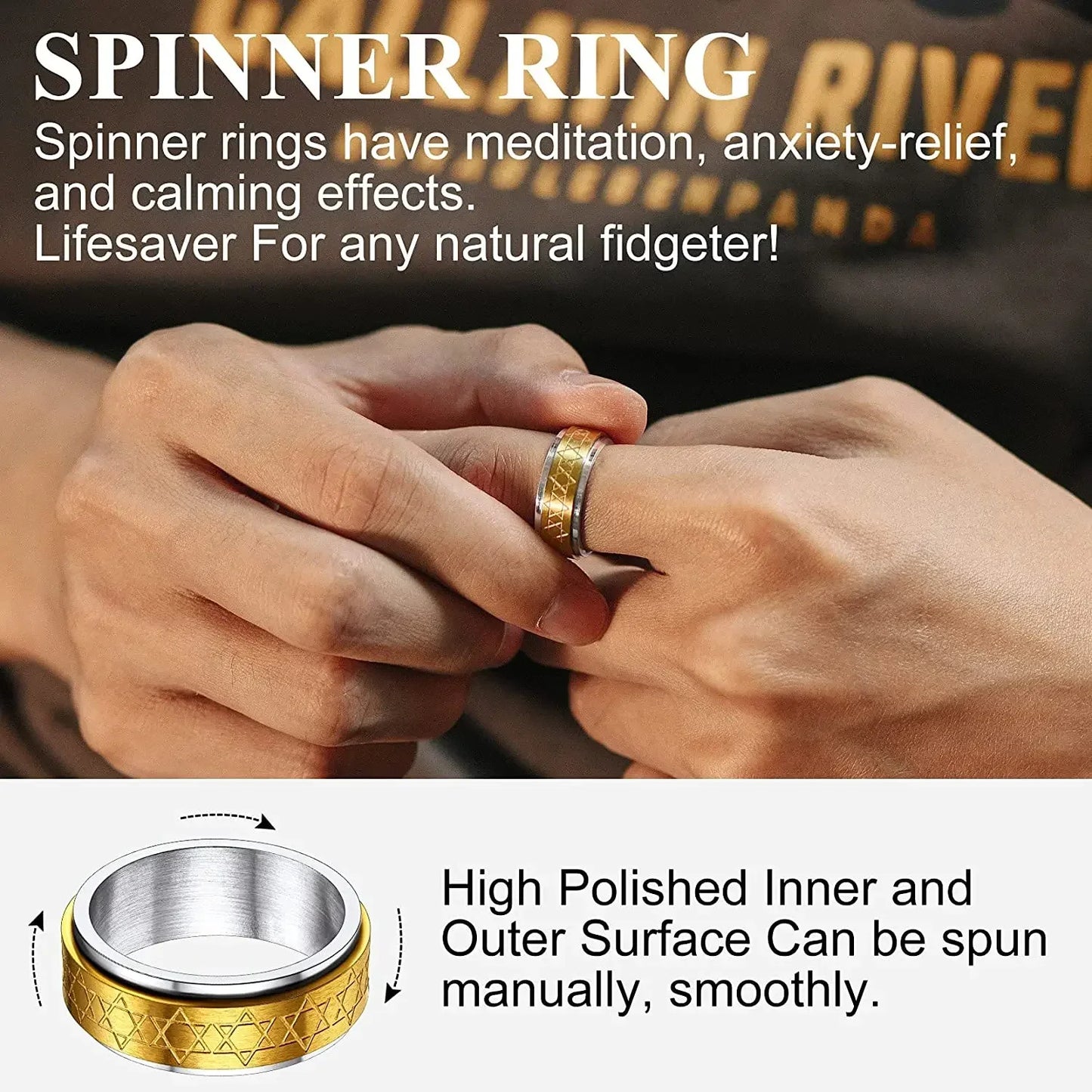 ChainsPro Edelstahl-Doppelschichten, 7,7 mm, flaches Band, Davidstern-Ringe für Herren, Größe 7–12, Angstfreigabungsspinner QC25