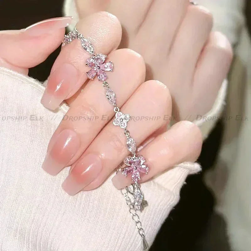 Koreanische Elegante Kirschblüte Bogen Zirkon Armband Y2K Süße Damen Hochzeit Kristall Blumen Armbänder Frauen Schmuck Zubehör