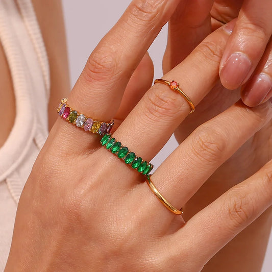 1Pc Trendy Edelstahl 18K Gold Überzogene Oval Zirkonia Ringe Bunte Zirkon Frauen Ring Urlaub Partei Schmuck Mama geschenke
