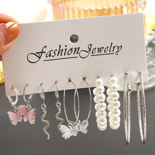 Mode Große Silber Farbe Runde Kreis Perle Hoop Ohrringe für Frauen Mädchen Schlange Schmetterling Baumeln Ohrring Set Weibliche Y2K Schmuck