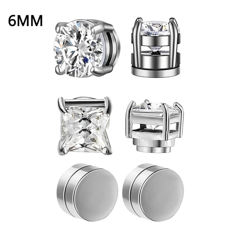 6-teiliges Set, Kristall, starke magnetische Ohrstecker-Clip-Ohrringe für Männer und Frauen, Punk, runde Zirkon-Magnet-Ohrringe, nicht durchdringender Schmuck