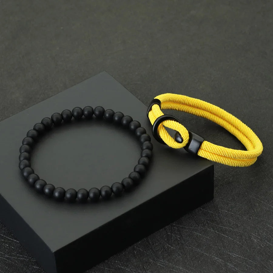 Noter Neue 2 Teile/satz Männer Armband Set Doppel Schicht Seil Nautischen Armband 6mm Schwarz Onyx Stein Armband Freizeit Zubehör pulseria