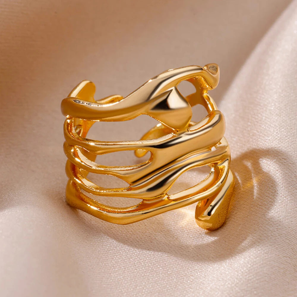 Edelstahl Ringe Für Frauen Männer Gold Farbe Hohl Weit Offenen Ring Weiblich Männlich Mode Hochzeit Party Finger Schmuck Geschenk 2024