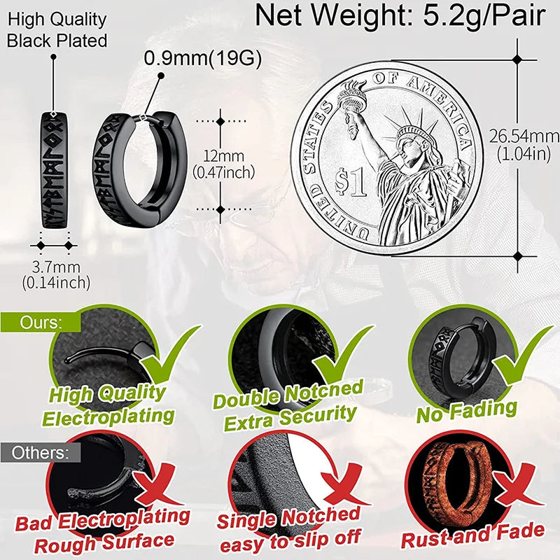 Norwegische Wikinger-Rune-Creolen aus Edelstahl für Männer und Frauen, Unisex, 12 mm, Huggie-Creolen, religiöser Ohrring-Schmuck