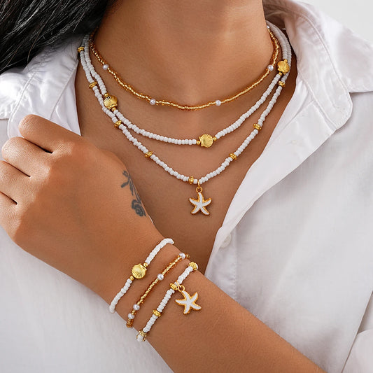 6 Teile/satz Reis Perlen Shell Seestern Anhänger Halskette Armbänder Böhmischen Elegante Gold Weiß Farbe Schmuck Set Urlaub Zubehör