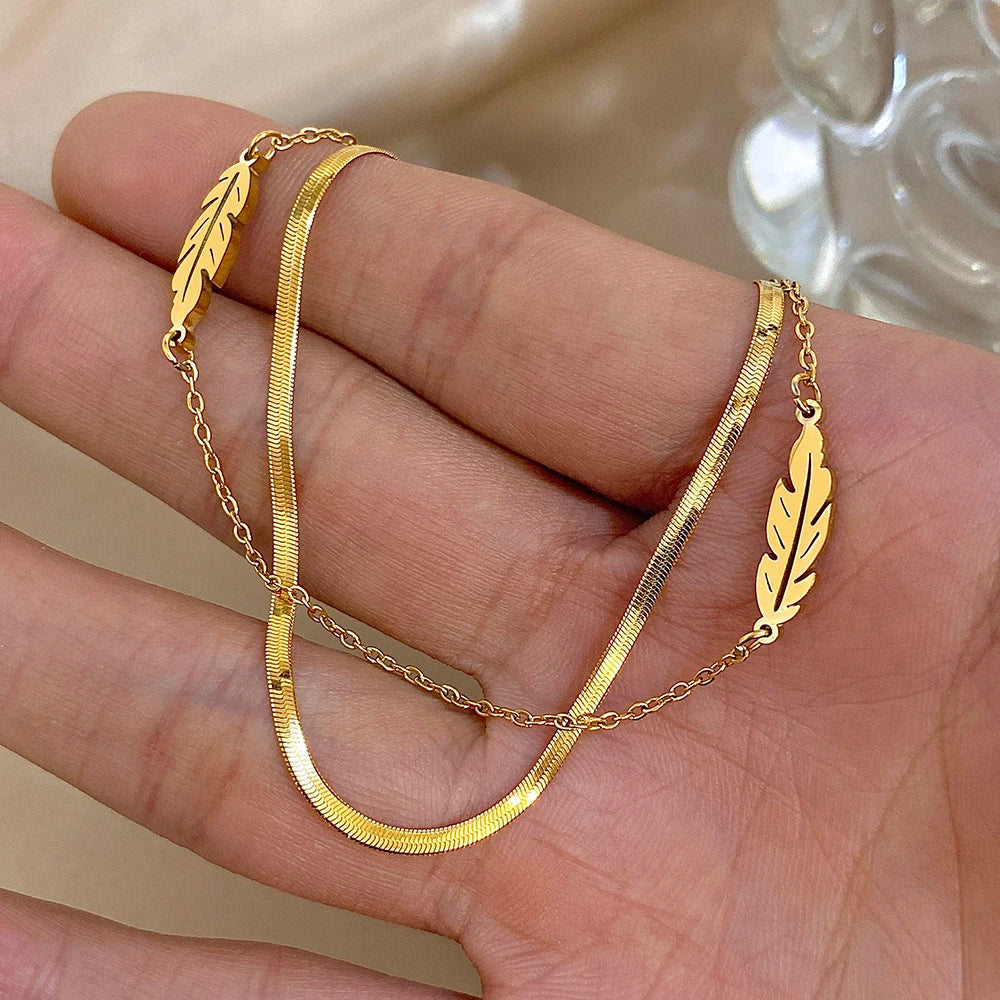 Mode Edelstahl Fußkettchen für Frauen Männer Doppelschicht Blätter Vergoldet Dicke Kette Armband Fußkettchen Wasserdicht Schmuck
