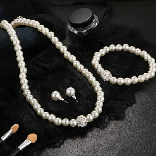3-teiliges Set mit Imitationsperlen, Halskette, Armband, Ohrstecker, Set, Feuerball, Perlen, Perlen, Damen, Luxus-Brautparty-Schmuckset