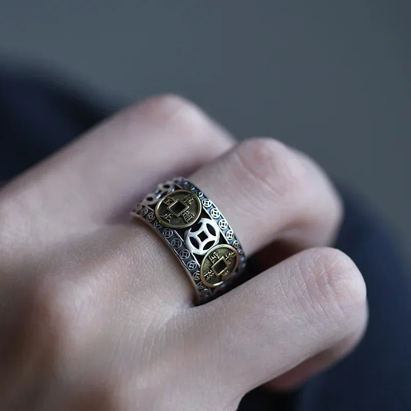 Chinesischer Feng Shui Pixiu Ring, versilbert, Kupfermünzen, verstellbare Ringe für Damen und Herren, Amulett, Reichtum, Glücksschmuck, Geburtstagsgeschenk