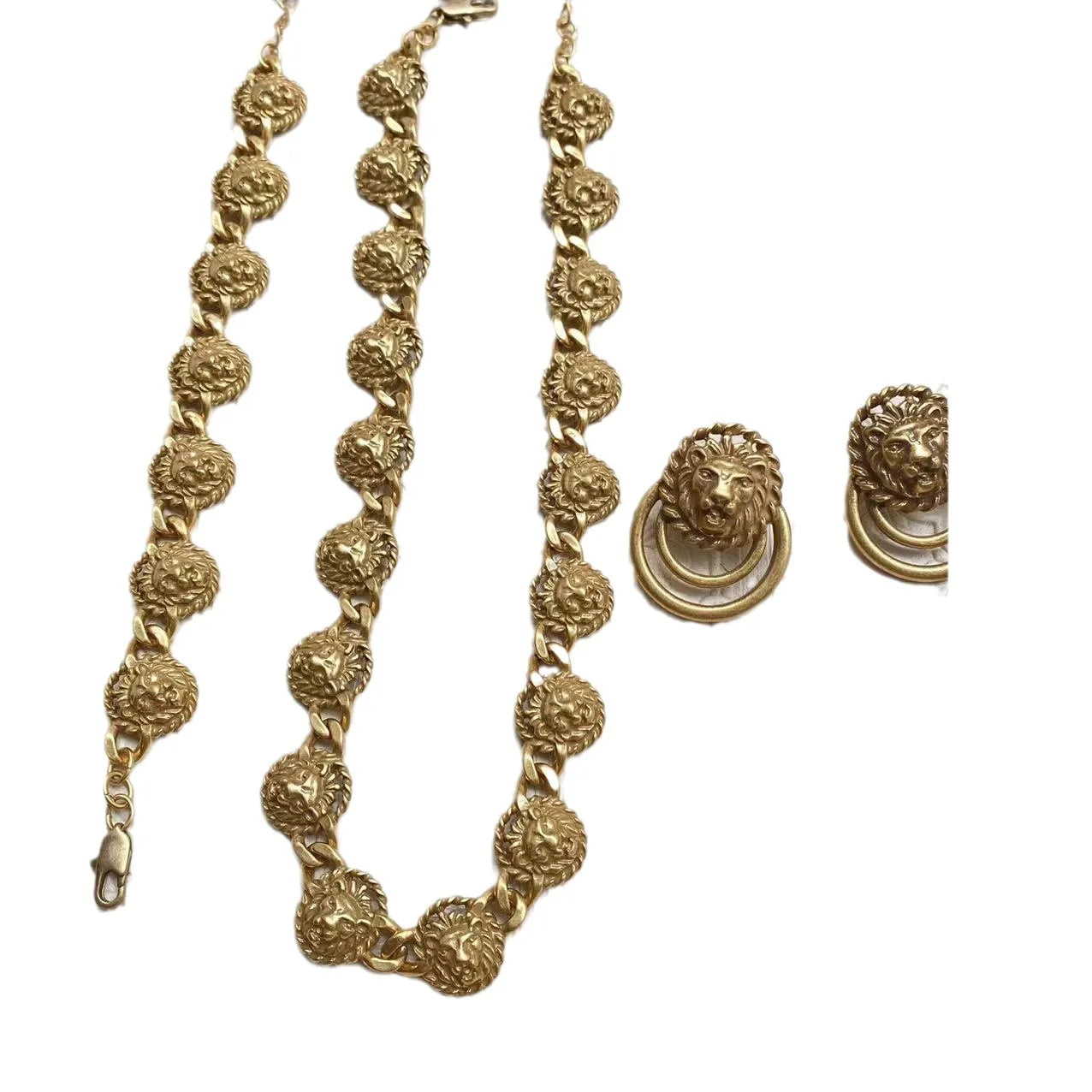 Mittelalter liche Vintage westliche antike Retro schwere Arbeiten Löwenkopf Ohr stecker Armband Halskette galvani siert mit echten Gold Juwel Set
