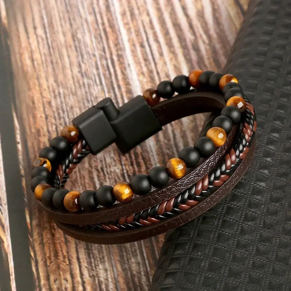 Herren Lederarmband Ferdт Klassische Mode Tigerauge Perlen Mehrschichtiges Lederarmband für Männer Schmuck Geschenk Pulseras