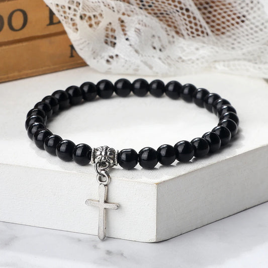Neue Kreuz Anhänger Armbänder Männer Naturstein 6mm mattschwarz Yoga Strang Kette Vintage böhmischen Schmuck für Frauen Mode Geschenke