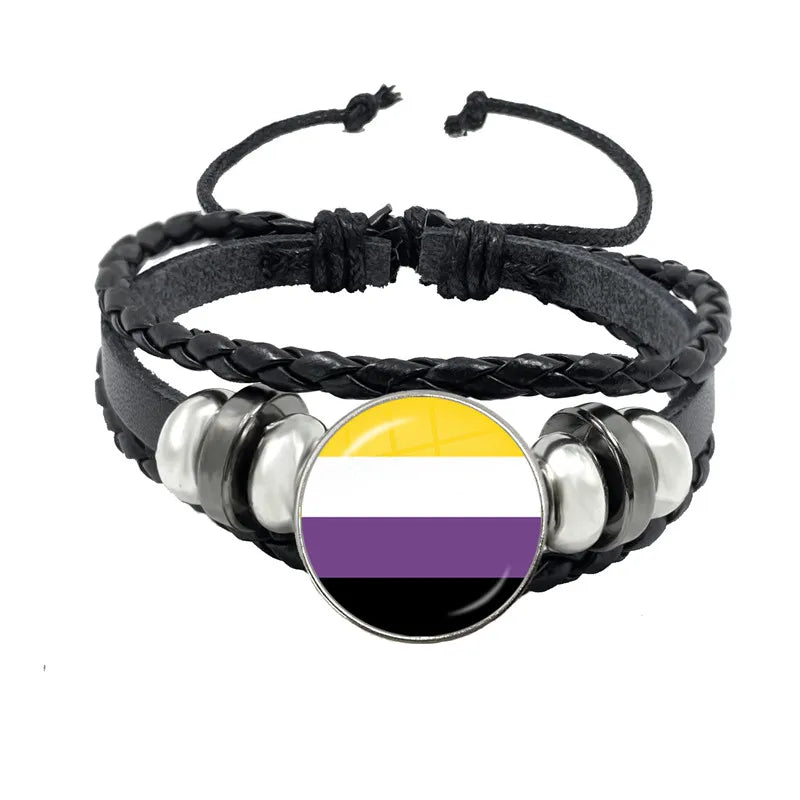 LGBT Schwarz Weave Leder Armband Bi Stolz Glas Cabochon Homosexuell Stolz Regenbogen Flagge Foto Armreif Schmuck Für Frauen Männer Liebhaber geschenk