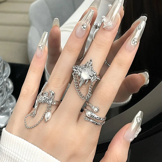 Vintage Unregelmäßige Perle Offenen Ring für Frauen Männer Punk Gothic Silber Farbe Kristall Einstellbare Paar Ringe Y2K Egirl Schmuck Geschenke