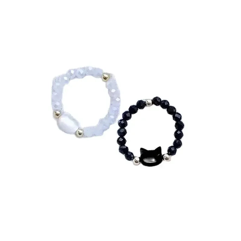 Mode Natürliche Mondstein Obsidian Ringe Minimalistischen Handgemachte Nette Schwarz Weiß Katze Perle Ring Frauen Party Zubehör Schmuck Geschenk