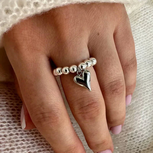 LATS Kreative handgemachte Perlen Bungee-Seil Liebe Herz Anhänger Ringe für Frauen Mädchen Silber Farbe CCB Perle verstellbare Ring Schmuck