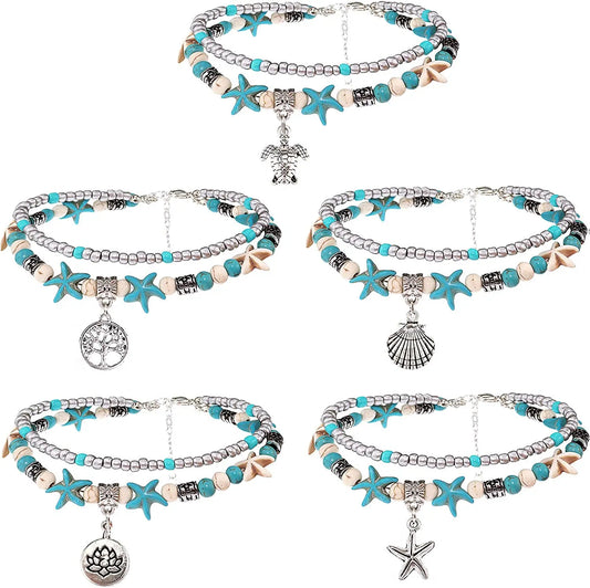 Doppel Fußkettchen Conch Starfish Sand Schildkröte Anhänger Fuß Ketten Türkis Stein Perlen Charme Strand Sommer Armband Knöchel Schmuck