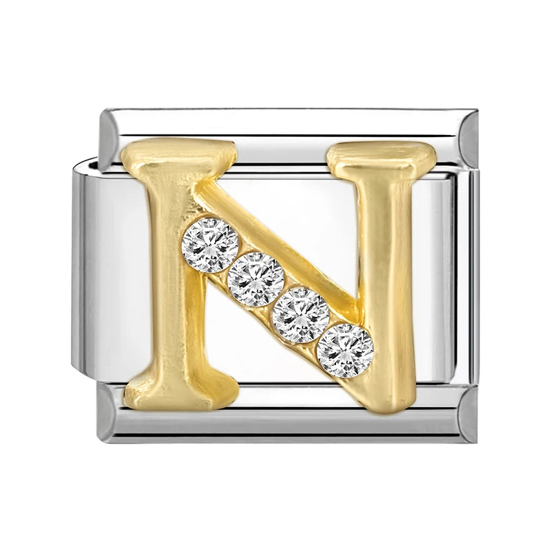 Neues modisches italienisches Armband mit 26 englischen Buchstaben, Edelstahl-Armreif, goldfarben, eingelegter Zirkonia, DIY-Herstellung von Schmuck, Geschenken