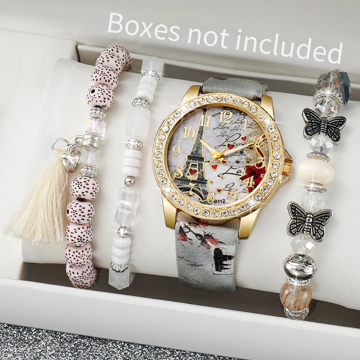 3/4/5PCS Mode Strass frauen Uhr Blumen Gedruckt Leder Band Weibliche Quarz Uhren Armbänder Set (ohne Box)