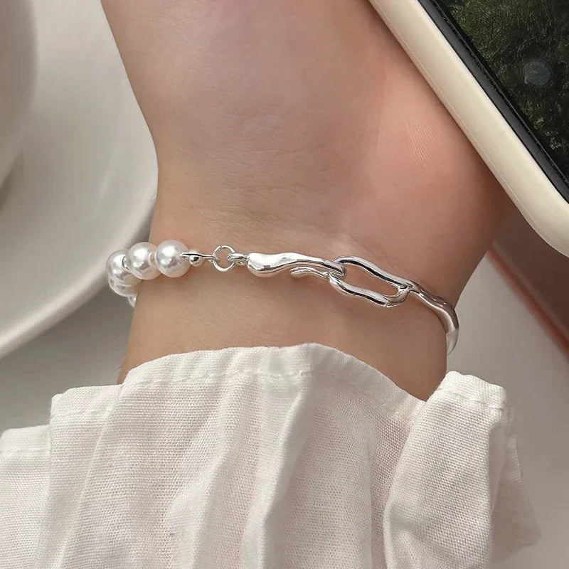 Runde Armreifen aus 925er-Sterlingsilber mit Perlenperlen für Damen, trendiger, minimalistischer, geometrischer, feiner Schmuck, unregelmäßige Accessoires