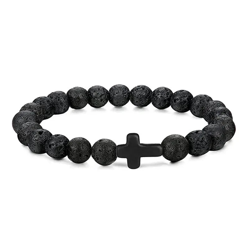 Gebet Männer Naturstein Holz Perlen Rosenkranz Hämatit Kreuz Armbänder Onyx Meditation Armband Frauen Yoga Schmuck Homme Pulsera