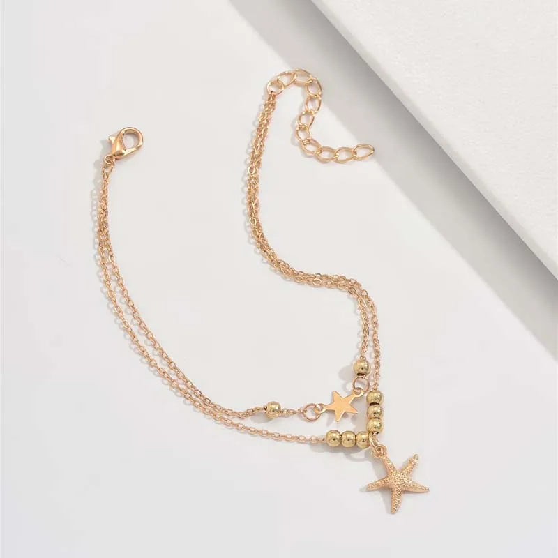 Layered Bohemian Sommer Strand Fußkettchen Für Frauen Vintage Gold Farbe Stern Seestern Anhänger Armband Kette Auf Bein Schmuck