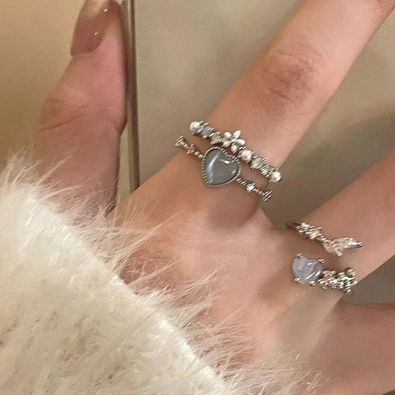 2023 neue Mode Blau Opal Herz Offene Ringe für Frauen Blume Strass Finger Ringe Hochzeit Party Trendy Mädchen Schmuck Geschenke