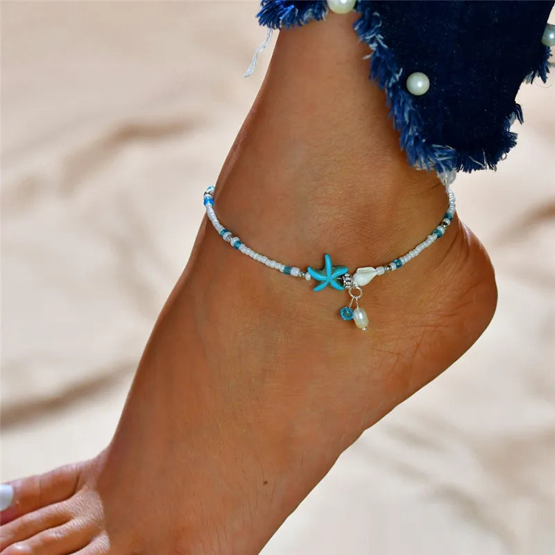 Modyle Vintage Silber Farbe Perlen Seestern Fußkettchen Für Frauen Handgemachte Perlen Knöchel Armband Sommer Strand Fuß Schmuck