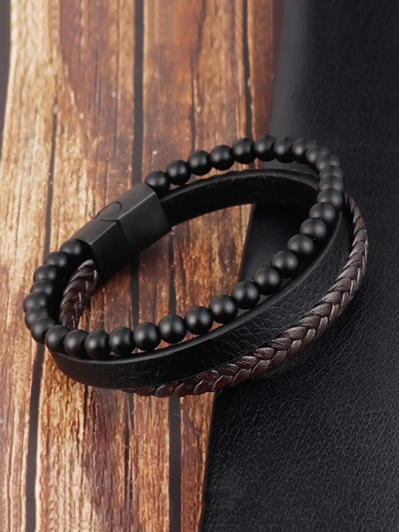 Mehrstufiger Vulkanstein oder Tigerauge-Stein plus dreilagiges Herrenarmband aus PU-Leder, Business-Freizeit-Geschenk für Männer