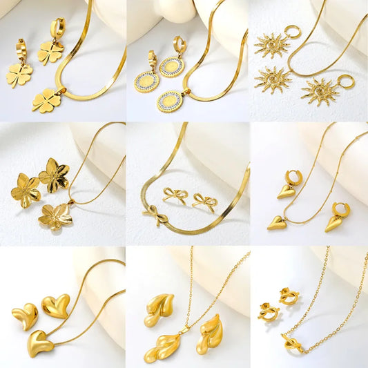 Vierblättriges Kleeblatt für Damen, Halskette, Armband, Ohrringe, Edelstahl, flache Schlangenkette, Halsband für Damen und Mädchen, Modeschmuckset