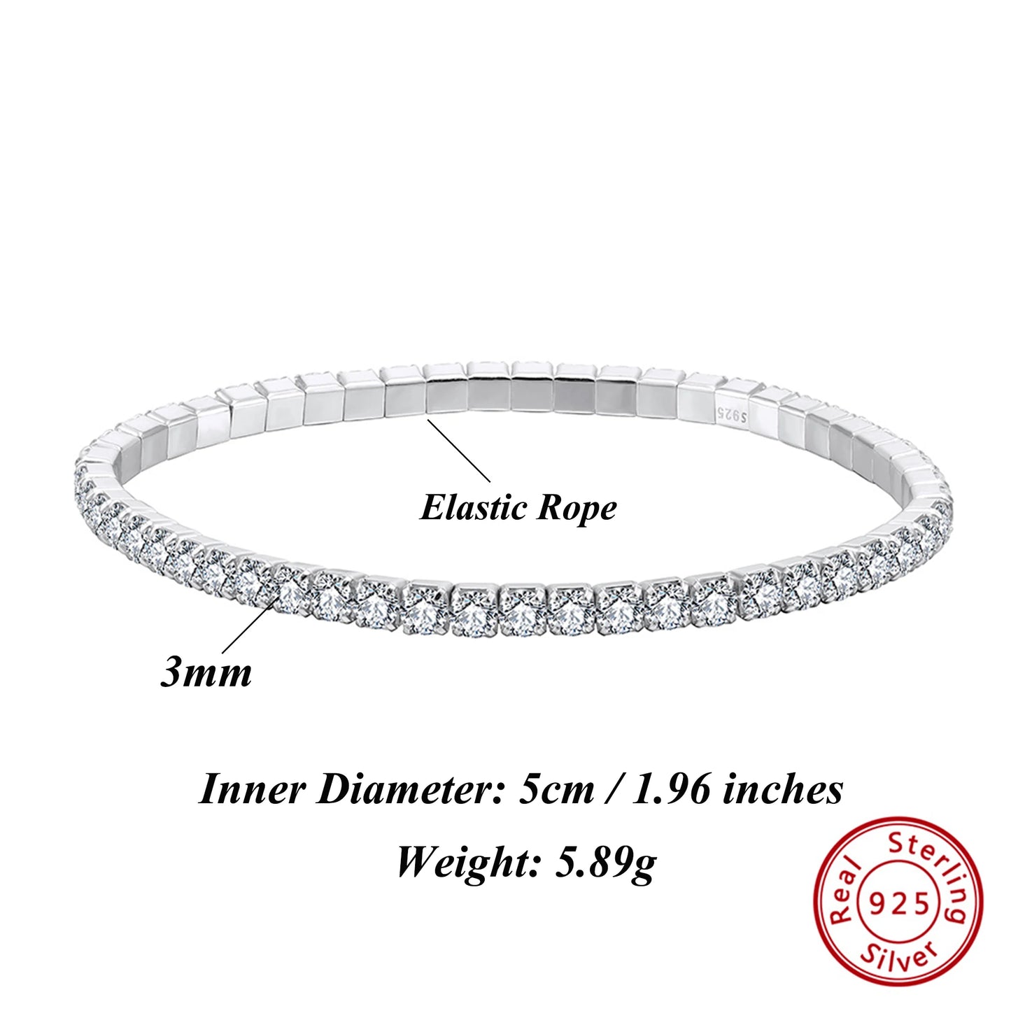 ORSA JEWELS 3 mm funkelndes 5A-Tenniskettenarmband mit kubischem Zirkonia, 925er Sterlingsilber, 14 Karat vergoldetes elastisches Seil, vorhanden SB217