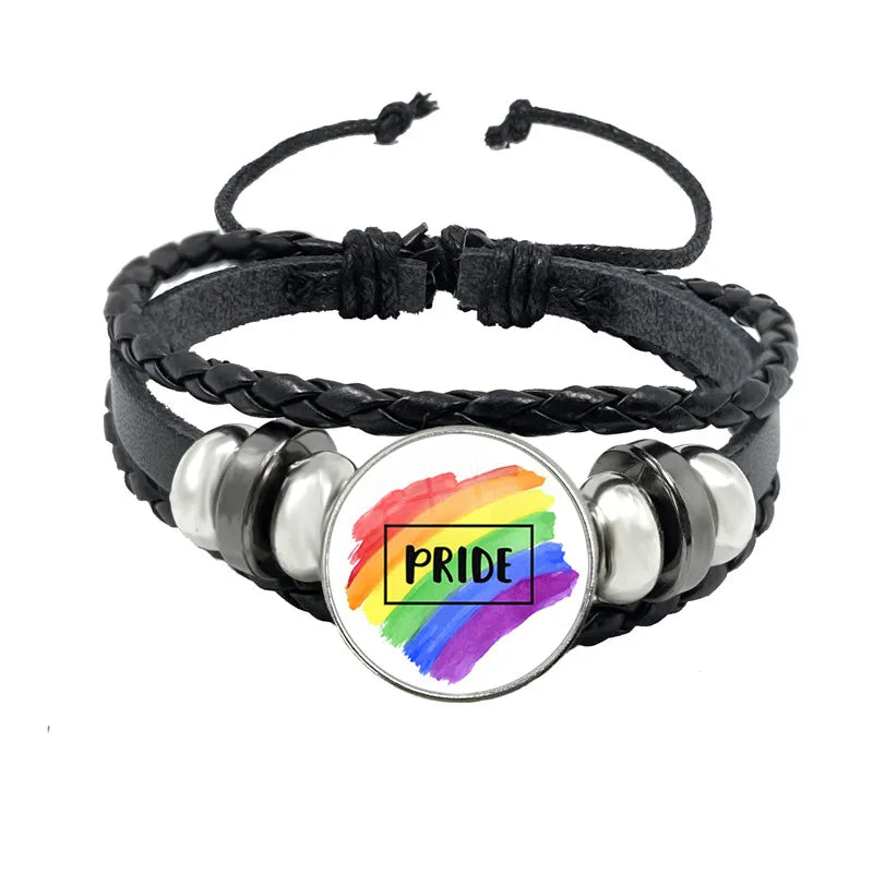 LGBT Schwarz Weave Leder Armband Bi Stolz Glas Cabochon Homosexuell Stolz Regenbogen Flagge Foto Armreif Schmuck Für Frauen Männer Liebhaber geschenk