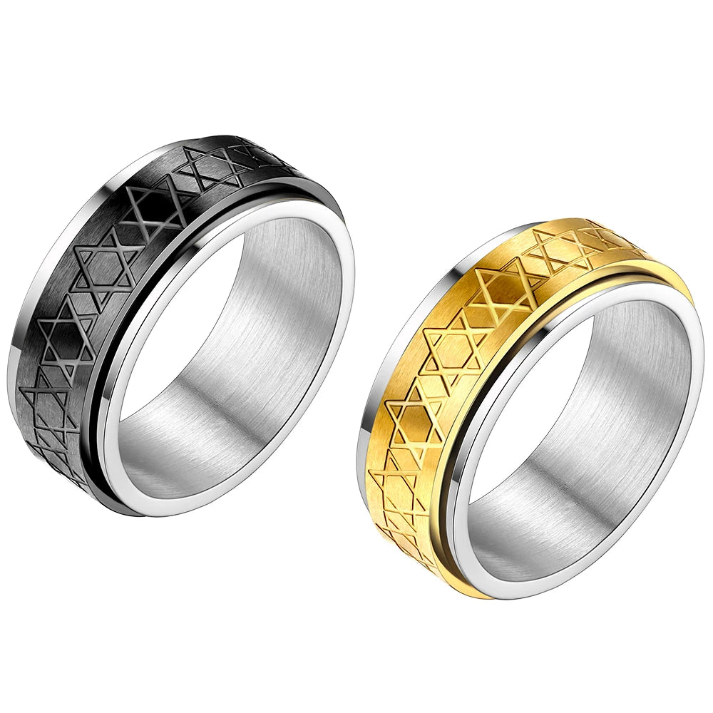 ChainsPro Edelstahl-Doppelschichten, 7,7 mm, flaches Band, Davidstern-Ringe für Herren, Größe 7–12, Angstfreigabungsspinner QC25