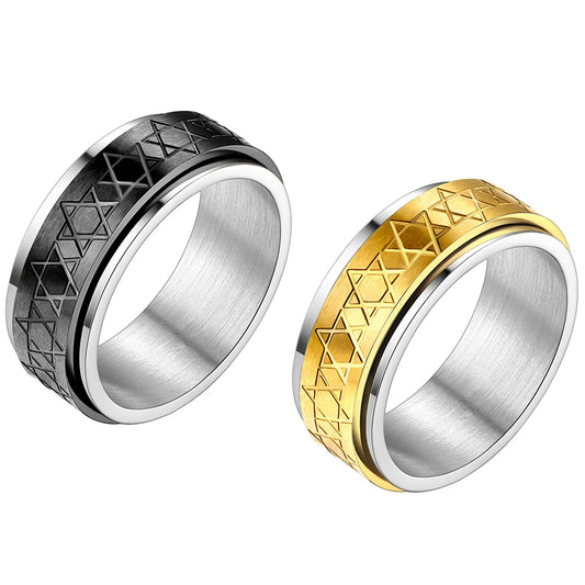 ChainsPro Edelstahl-Doppelschichten, 7,7 mm, flaches Band, Davidstern-Ringe für Herren, Größe 7–12, Angstfreigabungsspinner QC25