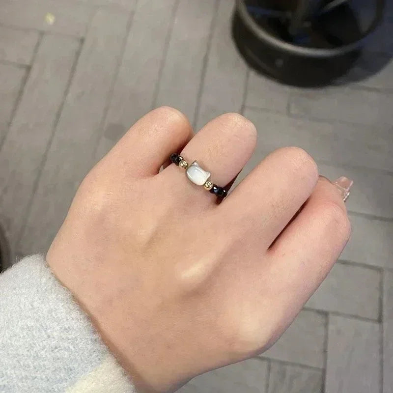 2 stücke natürliche Mondstein Obsidian Ringe Perlen minimalist ischen Zappel ring niedlichen schwarzen weißen Katzen ring Frauen Männer Party Zubehör Schmuck