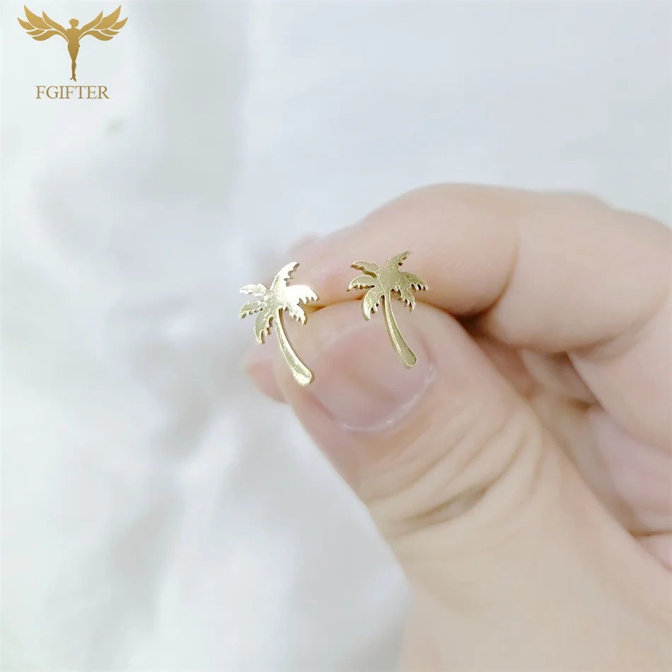 12-fache Kokosnussbaum-Pflanzen-Ohrringe für Damen und Herren, Sommerurlaub, Schmuck, goldenes Metall, Edelstahl, Piercing-Ohrstecker-Set