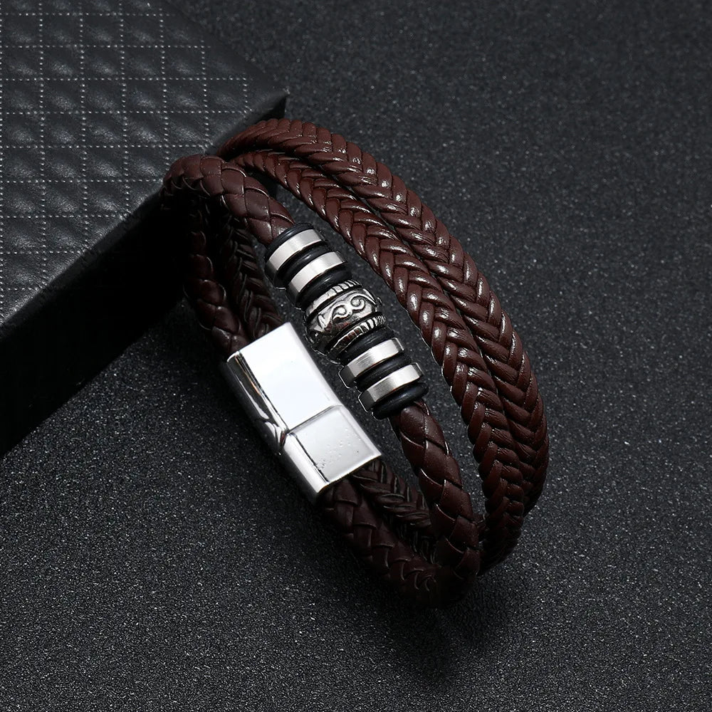 Trendige Lederarmbänder für Männer, Edelstahlarmband, 21 cm, mehrschichtige geflochtene Seilarmbänder für männliche Schmuckgeschenke