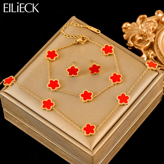 Eilieck 316l Edelstahl rot fünf blättriges Kleeblatt Halskette Armbänder Ohrringe Set für Frauen neue trend ige Geschenk Blumen Schmuck Set