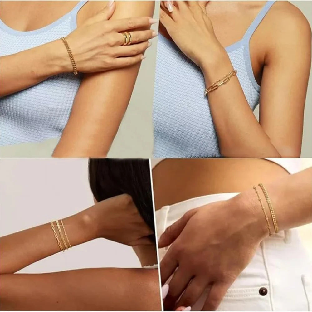 MEDFOLY Goldarmbänder für Frauen, zierlich, 14 Karat vergoldet, wasserdicht, verstellbares Glied, Figaro, kubanisches Büroklammer-Kettenarmband, Geschenke