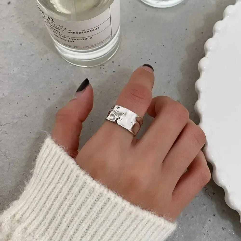 Mode Silber Farbe Unregelmäßige Öffnung Ring Für Frauen Männer Geometrische Breite Punk Ringe Einzigartige Design Finger Schmuck Für Party