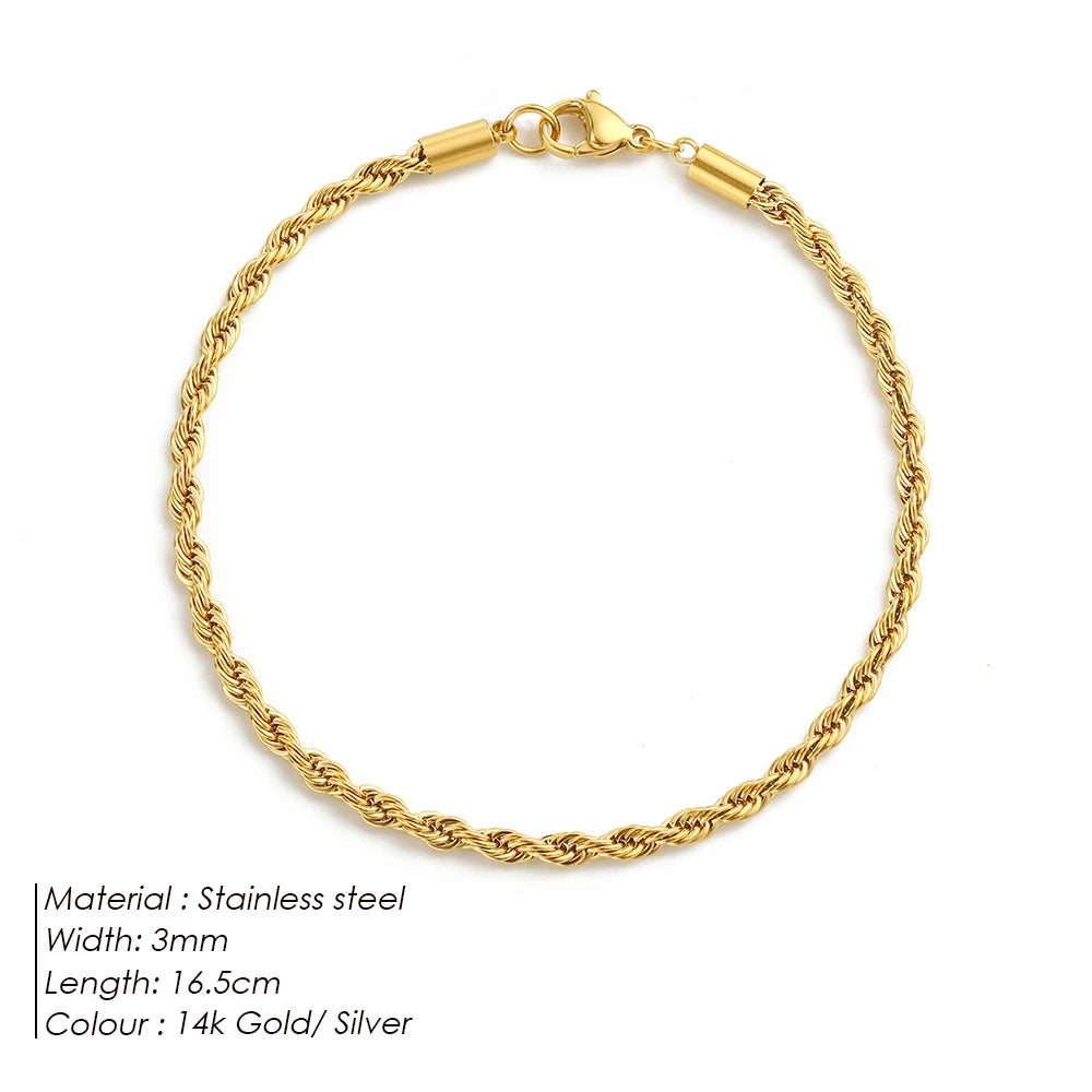 Emanco Edelstahl Twisted Rope Link Chain uneinstellbare Damen Hip Hop Punk 4mm Armbänder